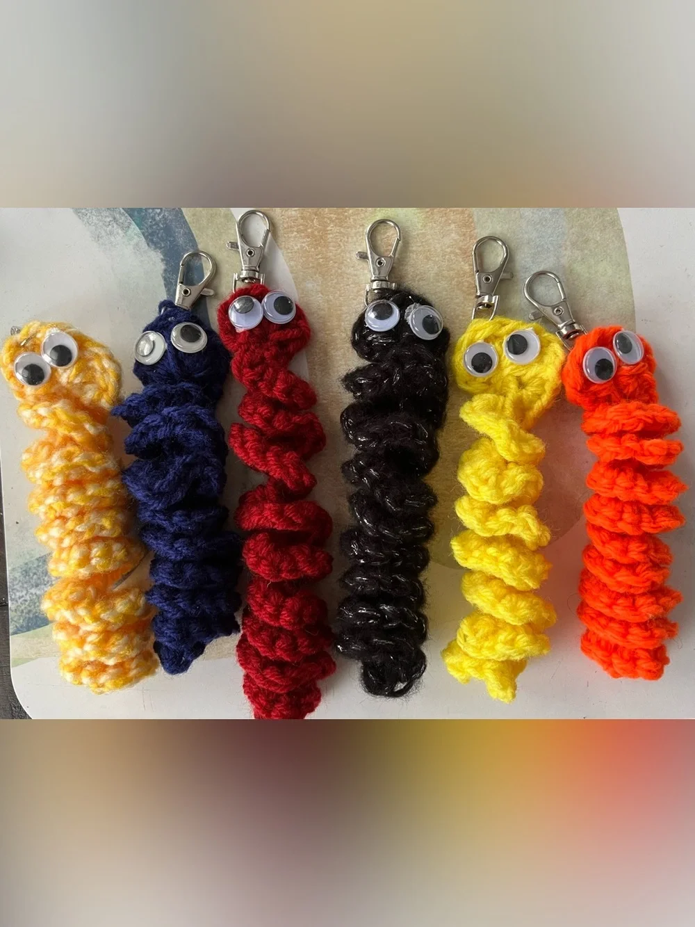 Handmade Crochet Spiral Worry Worms Googly Eyes Assorted Colors Keychain 10 PCS